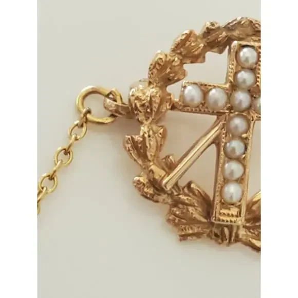 14K Gold Vintage Masonic Tie Tack Free Mason Cross Cane Gavel Brooch with Pearl